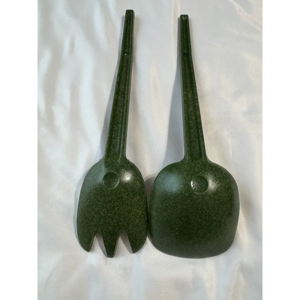 Vintage Flintwood Salad Serving Spoon Fork Set Green Speckled Melamine MCM